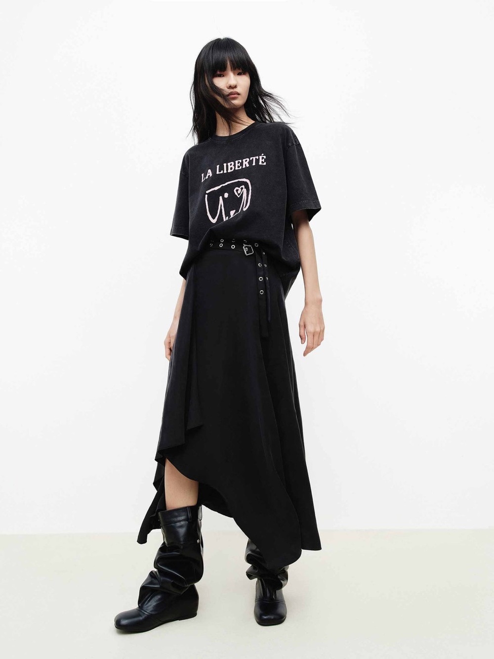 MO&Co. Asymmetrical Midi Flowy Skirt Black Cupro Blend M